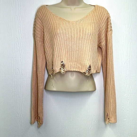 Urban Outfitters - Cream Ribbed Distressed Crop Long Sleeve Sweater Size Small - Picture 1 of 12
